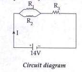 Calculate : total Solution: current in the following circuit. R1 = 3 Omega, R2= 6 Omega, R3 = 5 Omega, V = 14 V.