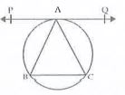 Line PQ is a tangent to the circle at point A, arc AB~=arc AC. Prove that triangle ABC is isosceles triangle.