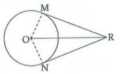 In the adjoining figure, O is the centre of the circle. From point R, seg RM and RN are tangent segments drawn which touch the circle at M, N. If OR=10 cm, radius of the circle=5 cm, then find the length of each tangent segment.