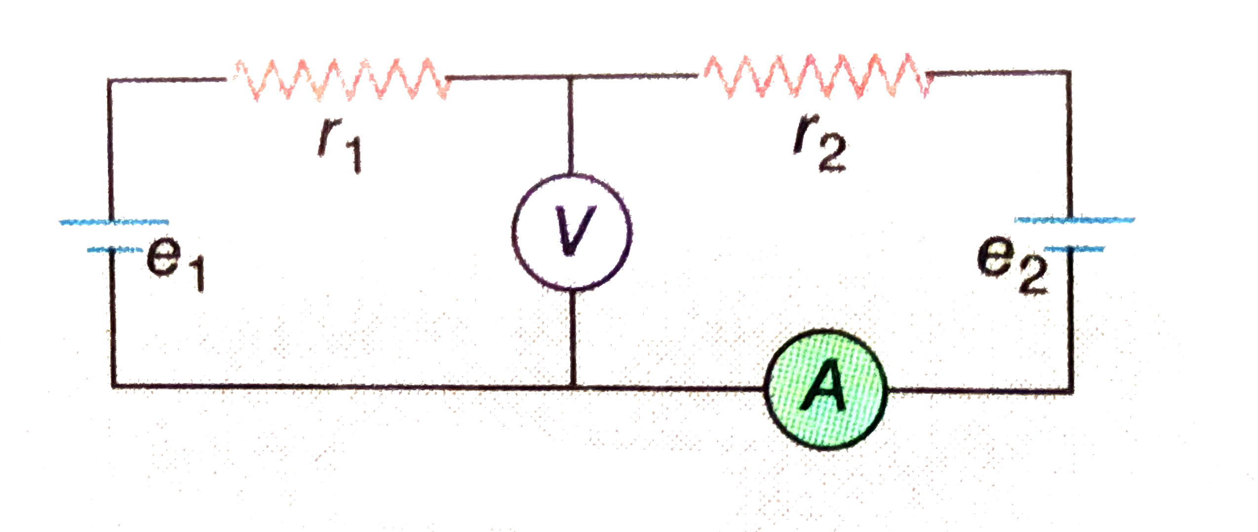 The readings of the ammeter in the circuit shown in the is zero . What is the reading of the voltmeter ?