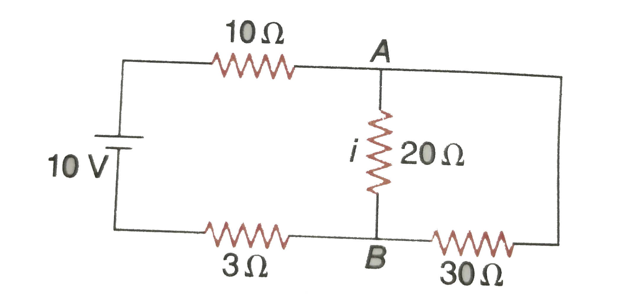 In the electrical circuit shown in the figure, the current I through the side AB is