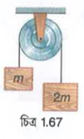 একটি ঘর্ষণবিহীন কপিকলের মাধ্যমে m ও 2m ভরের দুটি বস্তুকে যুক্ত করা হল [চিত্র 1.67 অনুযায়ী]। 2m ভরের বস্তুটিকে ছেড়ে দেওয়া হলে m ভরের বস্তুটি যে ত্বরণসহ ওপরে ওঠে তা হল