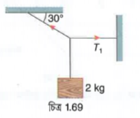 2 kg ভরের একটি বস্তু ঝোলানো আছে [চিত্র 1.64]। অনুভূমিক তারটিতে N এককে টান T1 এর মান কত?