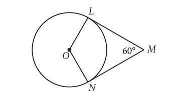 In the figure above, point O is the center of the circle, line segments LM and MN are tangent to the circle at points L and N, respectively, and the segments intersect at point M as shown. If the circumference of the circle is 96, what is the length of minor arc overset(frown)(LN) ?