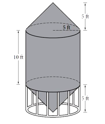 A grain silo is built from two right circular cones and a right circular cylinder with internal measurements represented by the figure above. Of the following, which is closest to the volume of the grain silo, in cubic feet?
