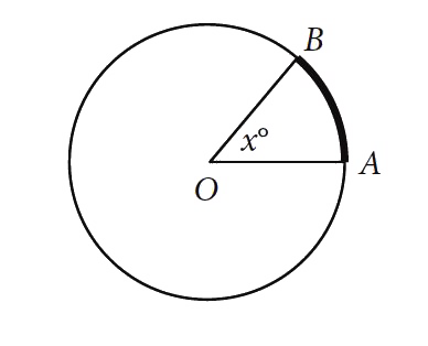 Note: Figure not drawn to scale.   In the figure above, the circle has center O and has radius 10. If the length of arc  (shown in bold) is between 5 and 6, what is one possible ul(