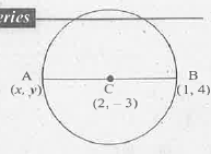 AB  ವ್ಯಾಸವಾಗಿರುವ ವೃತ್ತದ ಕೇಂದ್ರ (2, -3)  ಮತ್ತು  B ಯು (1, 4)  ಆದರೆ, A  ಬಿಂದುವಿನ ನಿರ್ದೇಶಾಂಕಗಳನ್ನು ಕಂಡುಹಿಡಿಯಿರಿ.