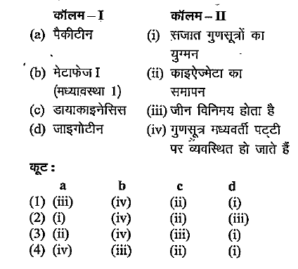 कॉलम-I में दी गयी अर्धसूत्री विभाजन की विभिन्न  अवस्थाओं का कॉलम-II में दिये गये उनके विशिष्ट लक्षणों के साथ मिलान कीजिये तथा नीचे दिये गये कूट का प्रयोग कर सही विकल्प को चुनिये: