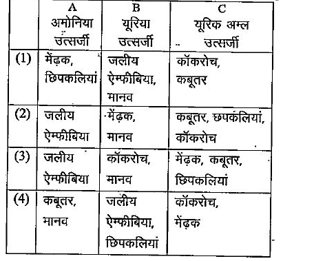 निम्नलिखित में से किस विकल्प में छ: प्राणियों को उनके अपने-अपने प्रकार के निकाले जाने वाले नाइट्रोजनी अपशिष्ट (A, B, C) के अनुसार सही श्रेणी में रखा गया है?