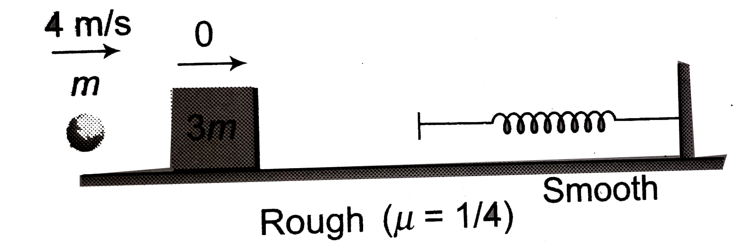 In the previous problem , mass of the ball is 10 g and it is moving with 4 m//s. The surface from the block to free end of spring is rough with friction coefficient mu = 1//14 and of length 10 cm. The maximum compression of spring (k = 50 N//m) is