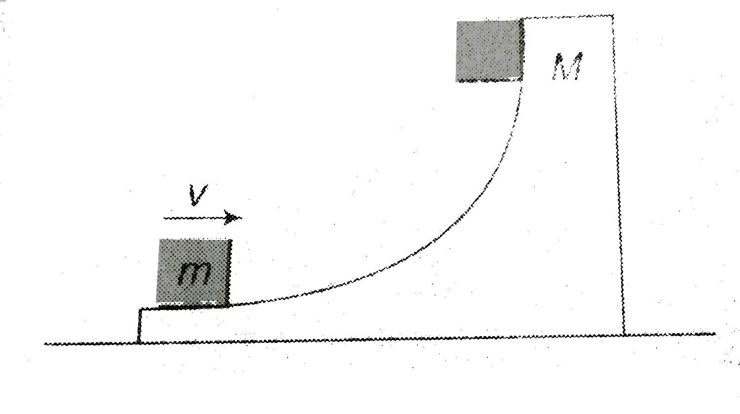 As shown , a small body of mass 50 g placed over a larger mass 1950 g whosw surface is horizontal near the smaller mass and gradually curves to become vertical. The smaller mass is pushed on the longer one at a speed 20 m//s and the system is left to itself. All surfaces are smooth. Find the speed of the larger block when the smaller block is moving on the vertical part.
