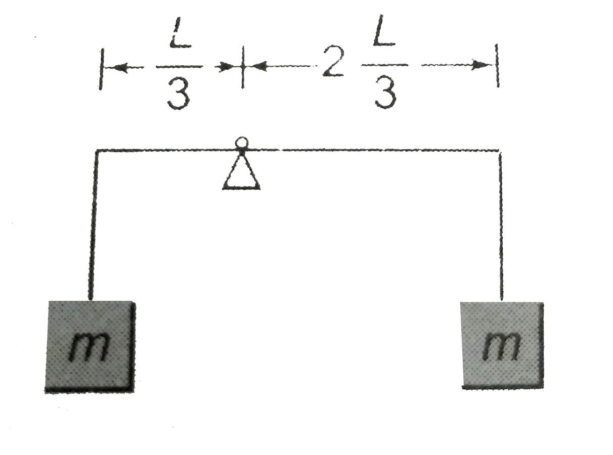 As shown in the figure, two blocks, each of mass m, suspended from the ends of a rigid light rod of length L. The rod is held horizontally on the fulcrum and then released.   (a) Find the initial angular acceleration of the rod.   (b) If the mass of rod is also m uniformly distributed. find the tension in the strings attached to blocks.