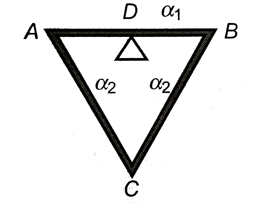 Three rods of equal of length are joined to from an equilateral triangle ABC. D is the midpoint of AB. The coefficient of linear expansion is alpha(1) for AB and alpha(2) for AC and BC . If the distance DC remains constant for small changes in temperature,