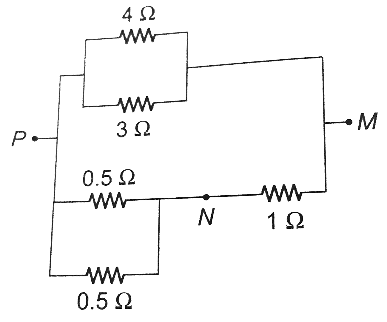 In the circuit shown, the current through the 4 Omega resistors is 1 amp when the points P and M are connected to a dc voltage source. The potential difference between the points M and N is.   .