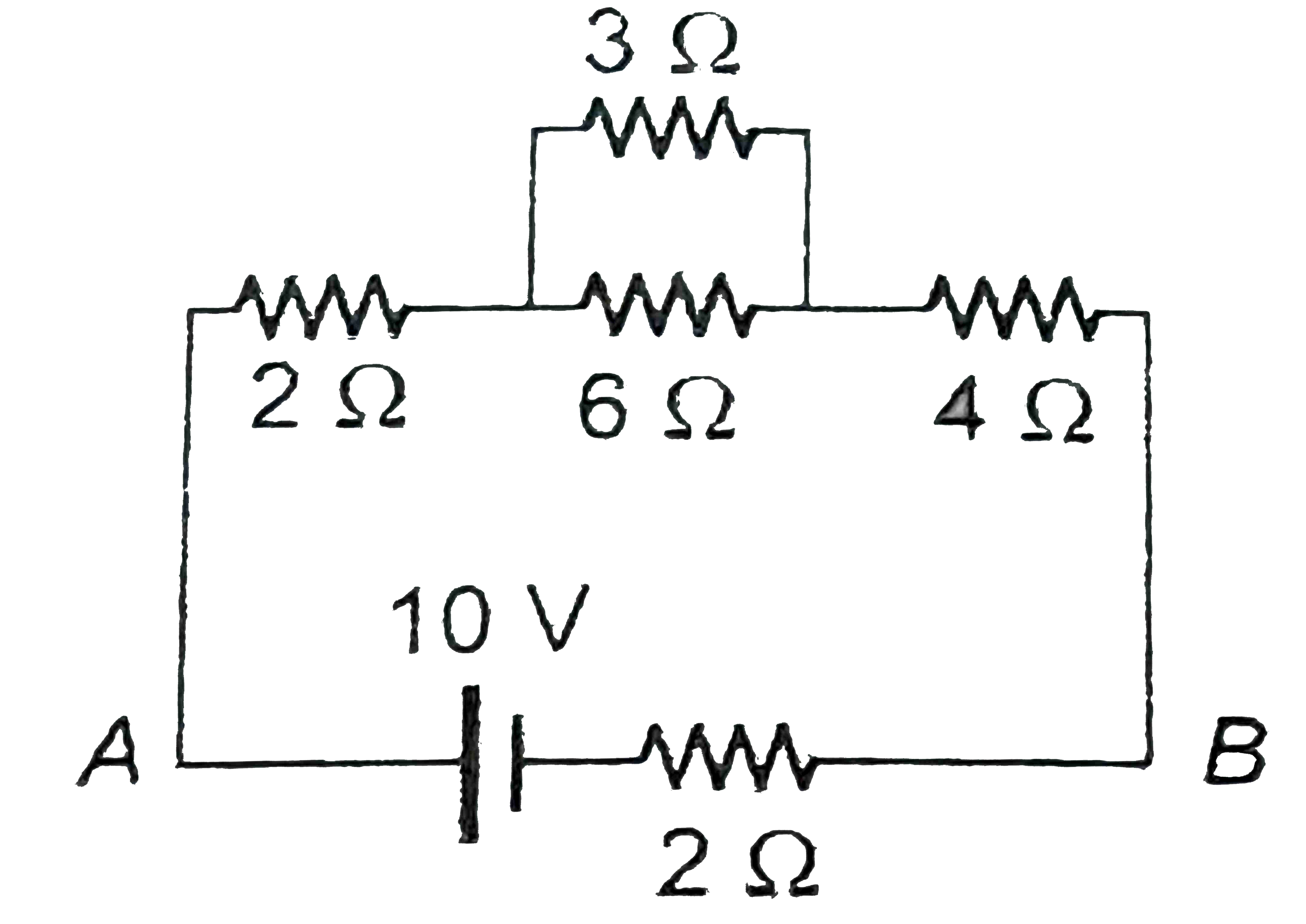 (a) Find the potential difference between A and B      (b) Calculate the current flowing in the circuit and the potential difference across terminals of each cell.      ( c) Calculate the potential difference across terminals of each cell.      (d) Calculate the potential difference between A and B      ( e) Calculate the current in each resistor and terminal potential difference across each cell.      (f) Calculate potential difference across each cell.      (g) A battery of 6 cells each of emf 2 V and internal resistance 0.5 Omega is being changed by DC mains of emf 220 V by using an external resistance of 10 Omega. Calculate.   (i) the charging current   (ii) the potential difference across the battery.   .