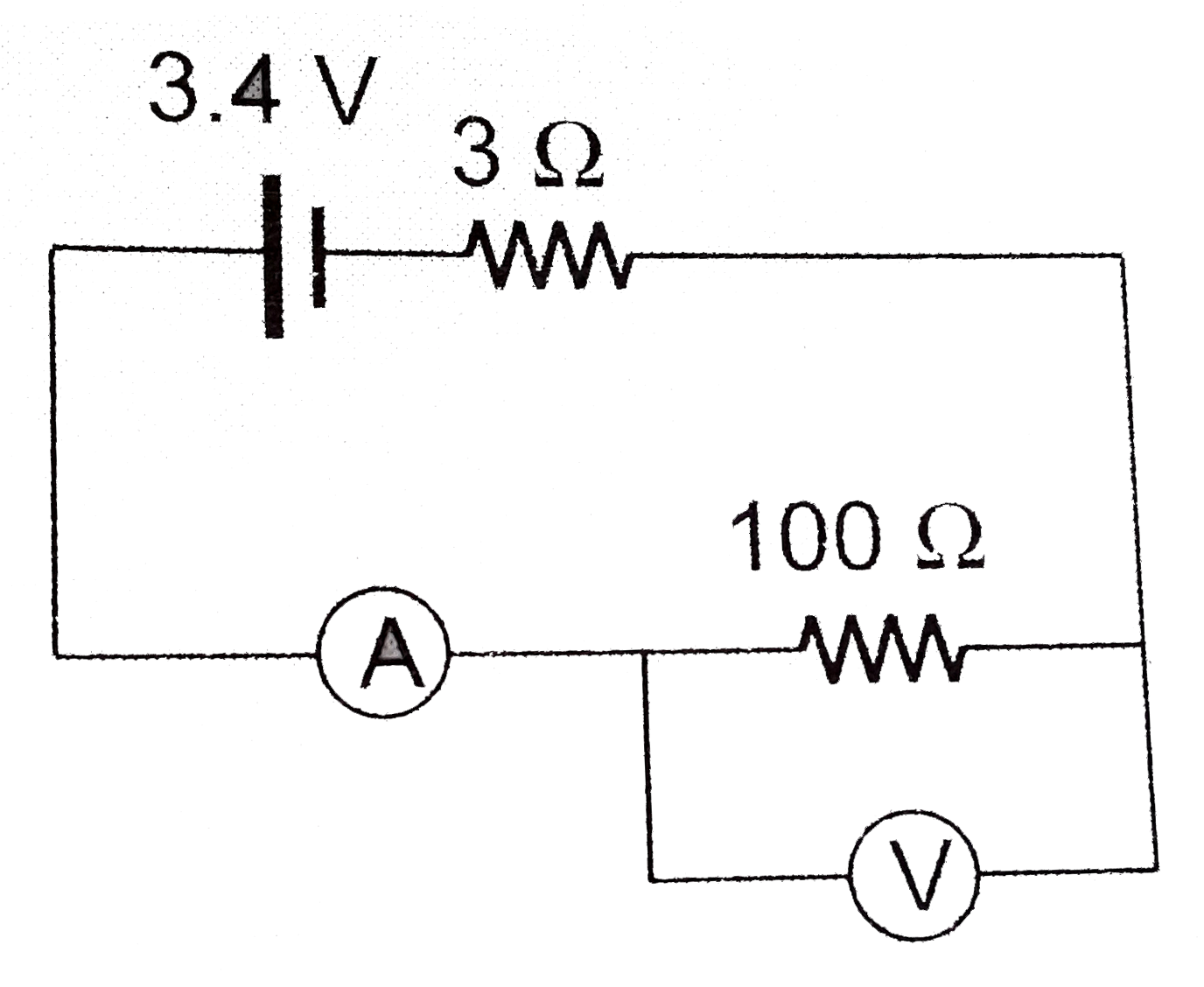 (a) A cell of emf 3.4 V and internal resistance 3 Omega is connected to an ammeter having resistance 2 Omega and to an external resistance 100 Omega. When a voltmeter is connected across the 100 Omega resistance the ammeter reading is 0.04 A. Find the voltage read by the voltmeter and its resistance. Had the voltmeter been an ideal one, what would have its reading ?      (b) Two resistances of 100 Omega and 200 Omega are connected in series with battery of emf 4 V and negligible internal resistance. A voltmeter of resistance 200 Omega is used to measure voltemeter of resistances separately. Calculate the voltmeter indicated.   ( c) In the circuit shown, a voltmeter reads 30 V when it is connected across the 400 Omega resistance. Calculate what the same voltmeter will read when it is connected across the 300 Omega resistance ?      (d) An ammeter and a voltmeter are connected in series to a battery of emf E = 6.0 V. When a certain resistance is connected in parallel with the voltmeter. the reading of the ammeter is doubled. while voltmeter reading is reduced to half. Find the voltmeter reading after the connection of the resistance.