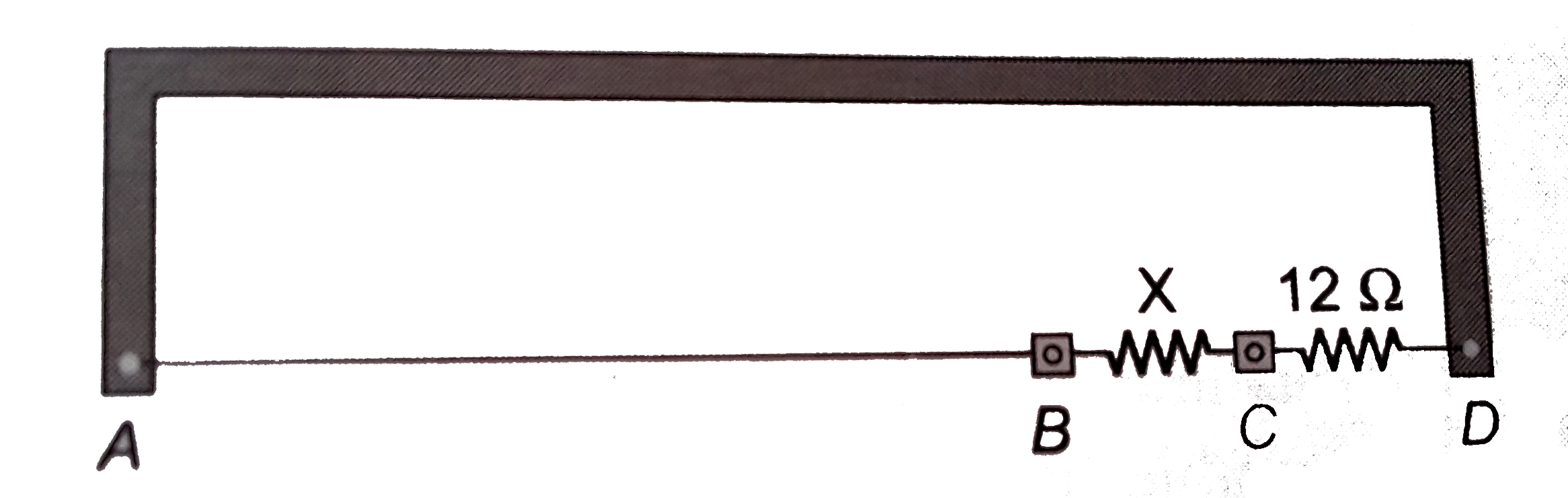 A thin uniform wire AB of length 1m, an unknown resistance X and a resistance of 12 Omega are connected by thick conducting strips, as shown in the figure. A battery and a galvanometer (with a sliding jockey connected to it) area also available. Connections are to be made to measure the unknown resistance X using the principle of Wheatstone bridge. Answer the following questions.      (a) Are there positive and negative terminals on the galvanometer ?   (b) Copy the figure in your answer book and show the battery and the galvanometer (with jockey) connected at apalphariate points.   ( c) After apalphariate connections are made, it is found that no deflection takes place in the galvanometer when the sliding jockey touches the wire at a distance of 60 cm from A. Obtain the value of the resistance X.