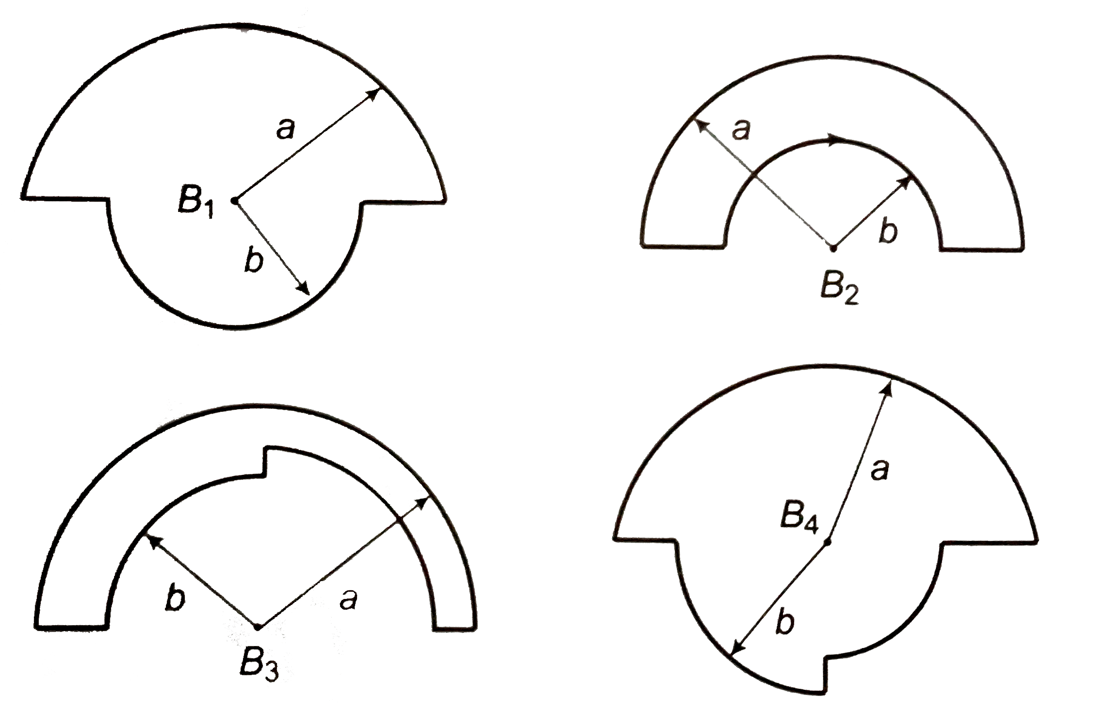 In the loop shown, all curved sections are either semicircles or quarter circles. All the loops carry the same current. The magnetic fields at the centres have magnitudes B(1),B(2),B(3) and B(4)       (i) B(4) is maximum   (ii) B(3) is minimum   (iii) B(4)gtB(1)gtB(2)gtB(3)   (iv) B(1)gtB(4)gtB(3)gtB(2)