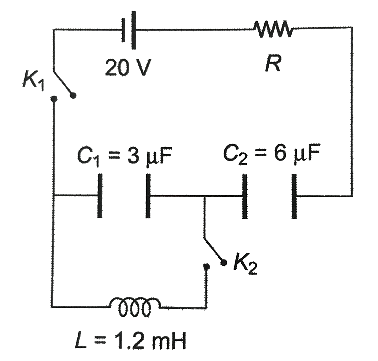 A circuit containing capacitors C(1) and C(2) shown in the figure is in the steady state with key K(1) cloesed. At the instant t=0 , K(1) is opened and K(2) is closed.   (a) Find the angular frequency of oscillation of the LC circuit.   (b) Determine the first instant t , when enregy in the indctor becomes one third of that in the capacitor.   (c) Calculate the change on the plates of the capacitor at that instant.
