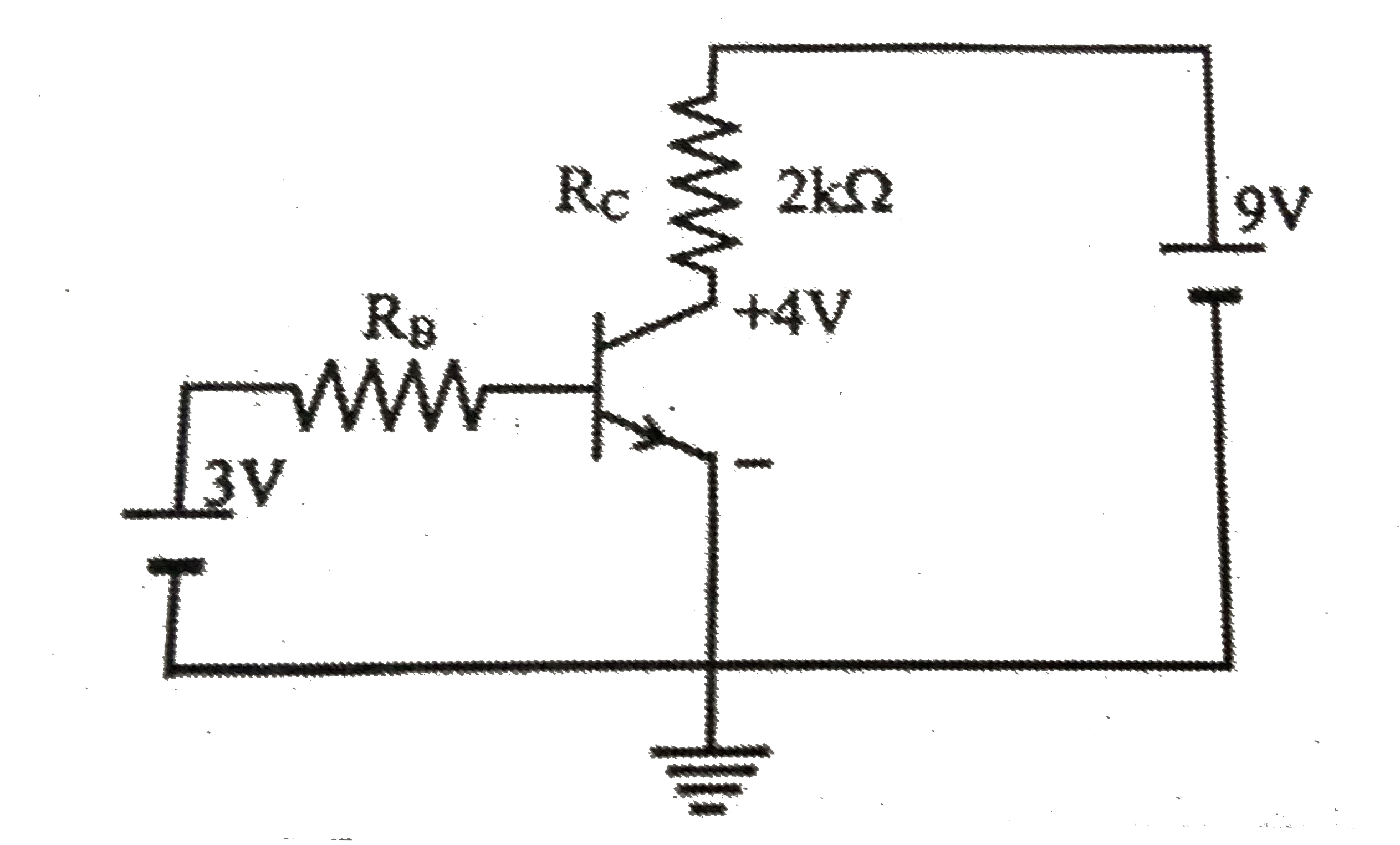 What is the base resistance R(B) in the circuit as shown in figure , if beta(d.c.) = 90, V(BE) = 0.7 V, V(CE) =4V?