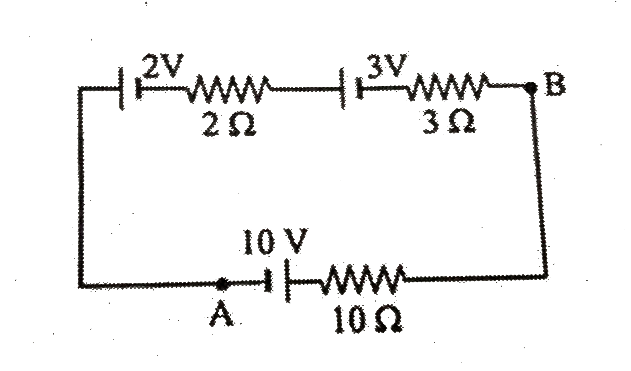 The potential difference between A and B in  the circuit shown is -