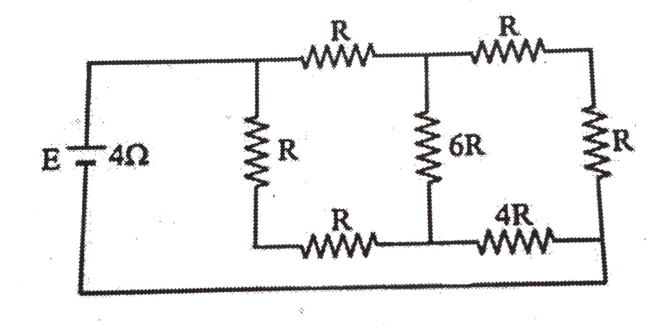 A battery of internal resistance 4 Omega is connected  to the network of resistance as shown. In order to give the maximum power to the network, the value of R should be-
