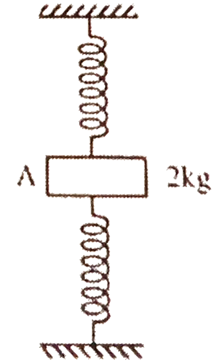 A block  A of mass 2 kg is connected with two springs, as shown . The spring constant of lower spring is system is thrice the  spring costant of  upper spring. The system is released from rest with both the springs unstreched. The maximum displacement of bloack is 0.1 m. Find the acceleration of the block is its lowest position-