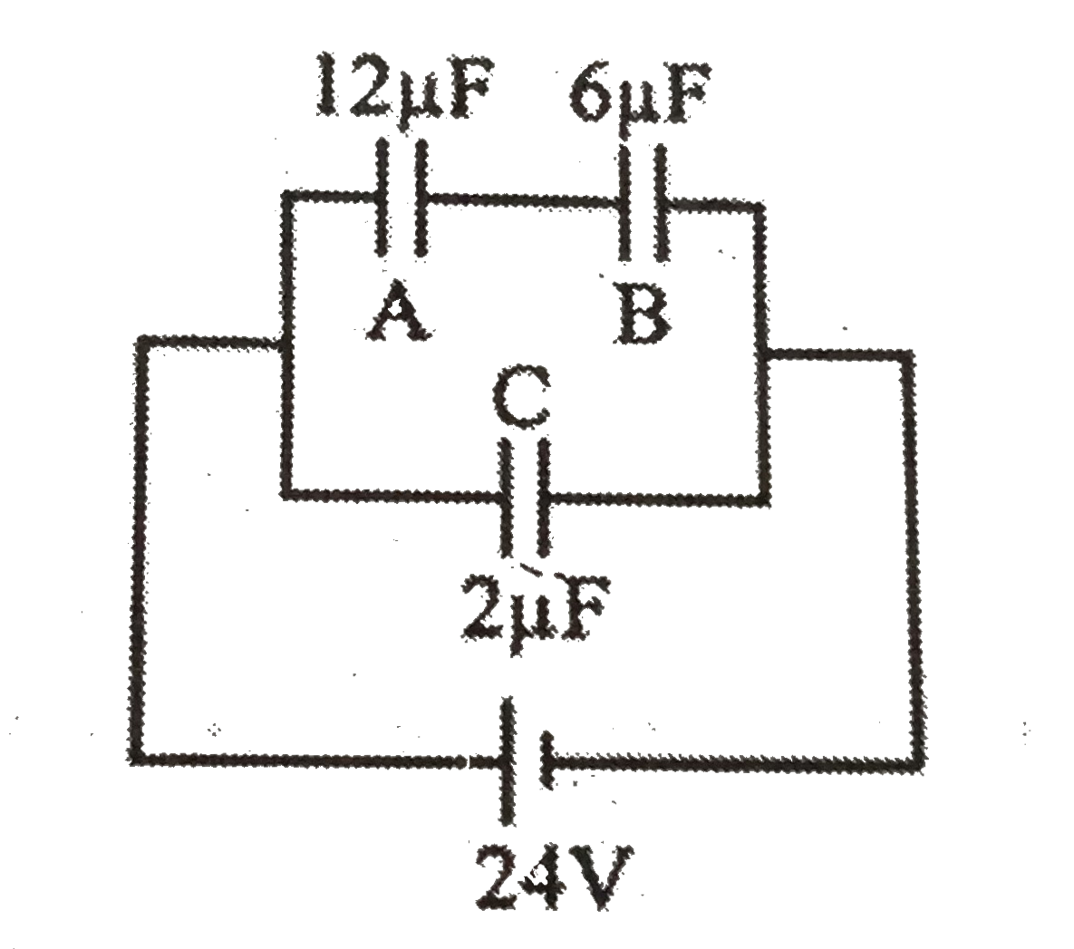 For the circuit shown in figure the charges on three capacitors, A, B and C are respectively