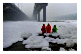 Frothing in Yamuna:    The primary reason behind the formation of the toxic foam is high phosphate content in the wastewater because of detergents used in dyeing industries, dhobi ghats and households .Yamuna's pollution level is so bad that parts of it have been labelled 'dead' as there is no oxygen in it for aquatic life to survive.        If a sample of water containing detergents is provided to you, which of the following methods will you adopt to neutralize it?