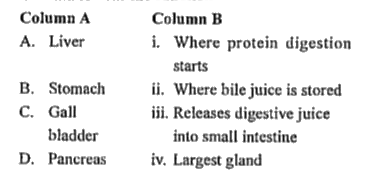 Which of the following represents correct matching of the organs of digestive system in Column A with the function in Column B ?
