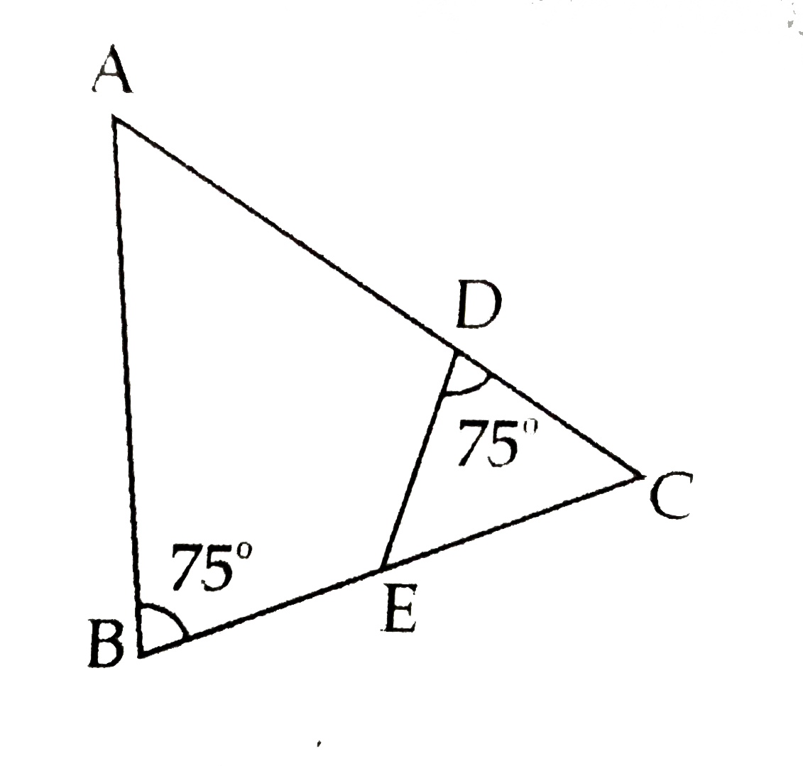 In adjoining figure,  angleABC=75^(@),angleEDC=75^(@) state which two traiangles are similar and by which test ? Also traingles by a proper one to one correspondence