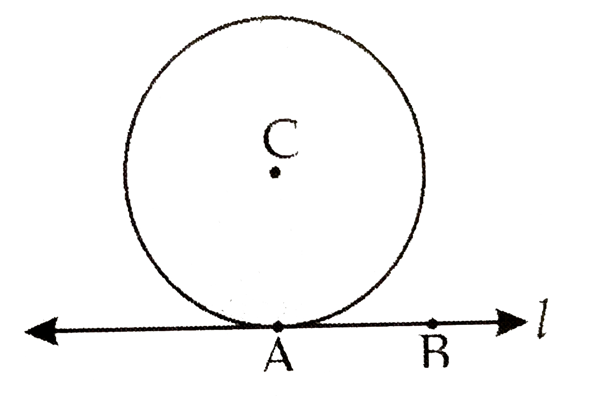 In  the adjoining figure,  the radius of a circle with center C is 6 cm . Line  AB  is a tangent at A . Answer the following question .     what is the measure  of  angleCAB ? Why ?      What is the distance of point C from line AB ? Why ?      (iii)  d(A, B) = 6 cm, find d (B, C) .     (iv)  What  the measure of angleABC ? Why ?