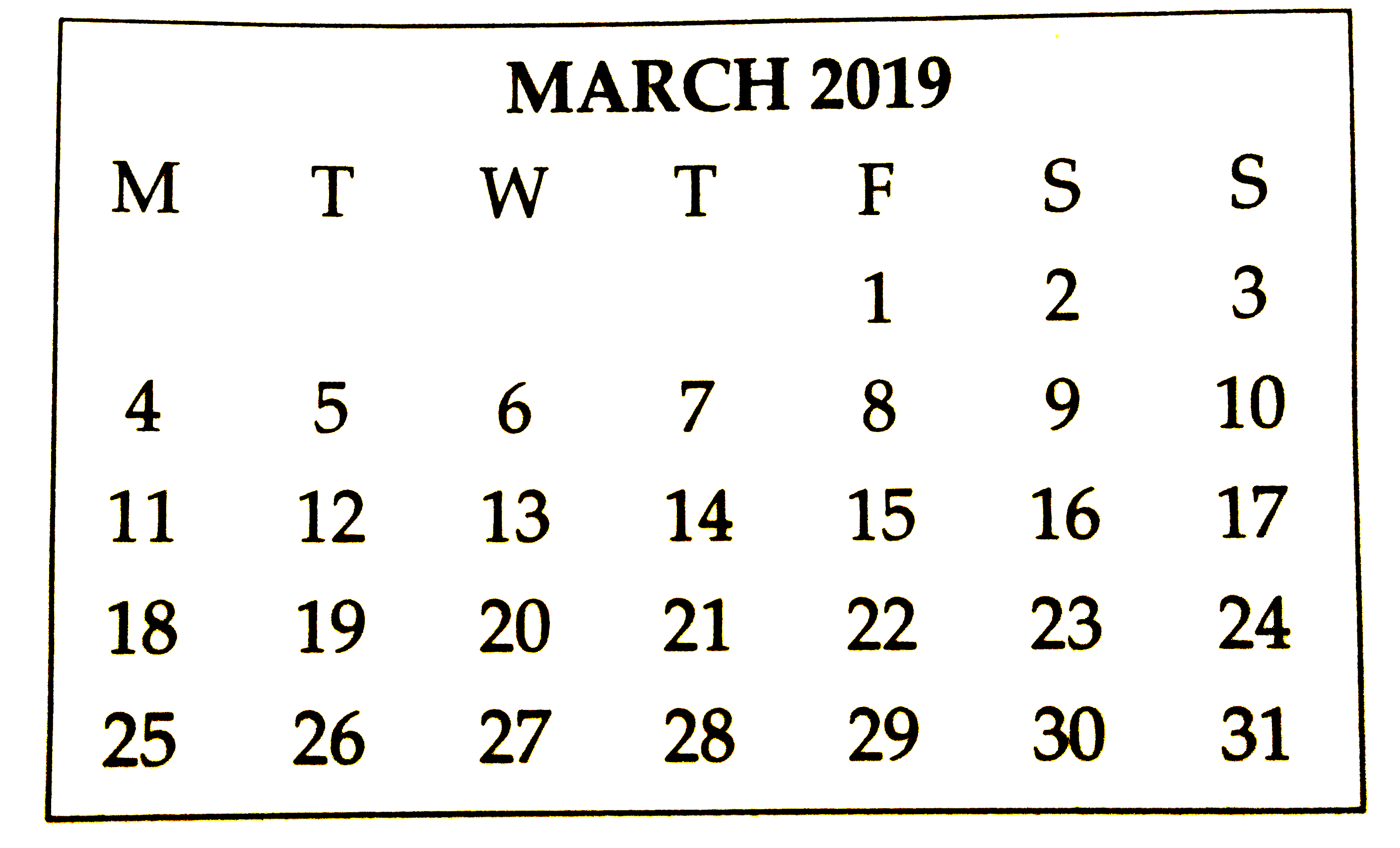 In the month of March 2019, find the days on which the date is a multiple of 5. (see the given page of calendar)