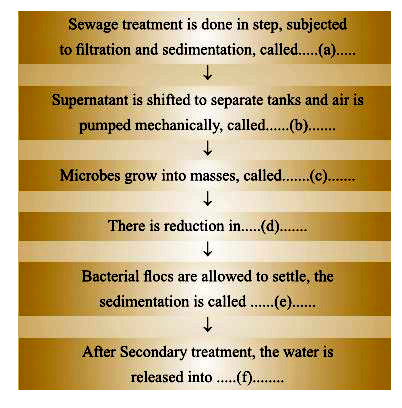 Given below is the Flow chart of Sewage treatment. Fill in the blank spaces marked 'a' to 'f'.