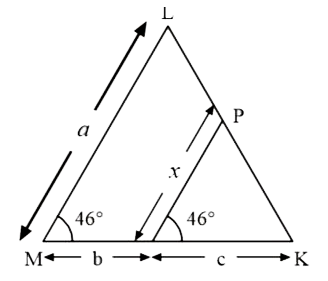 In the given Fig., angleM =angleN =46^(@), Express x in terms of a, b and c.