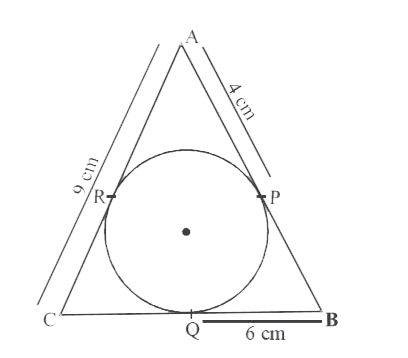 In the given fig. AP = 4 cm, BQ = 6 cm and AC = 9 cm. Find the semi perimeter of Delta ABC.