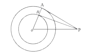Two concentric circle with centre O are of radii 6 cm and 3 cm. From an external point P, tangents PA and PB are drawn to these circle as shown in the figure. If AP = 10 cm. Find BP