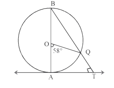 AB is a diameter of a circle with centre O and AT is a tangent. If angle AOQ = 58^(@)  find angle ATQ.