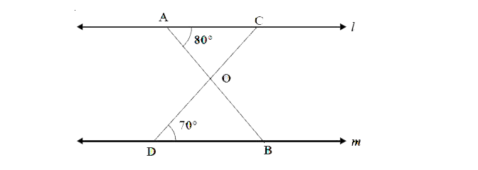 In the figure, l||m, / OAC = 80^(@),/ ODB = 70^(@). Is Delta OCA ~ Delta ODB?