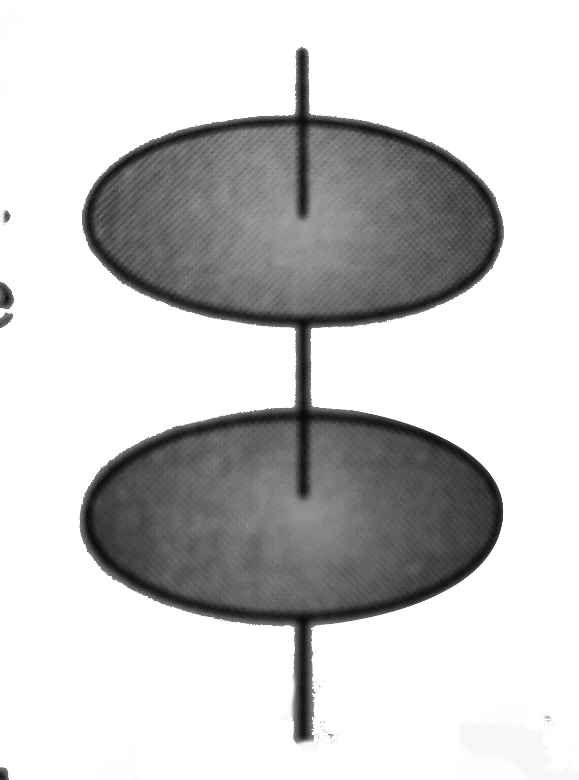 Two identical discs are positioned on a vertical axis as shown in the figure. The bottom disc is rotating at angular velocity omega(0) and has rotational kinetic energy K(0).The top disc is initially at rest. It then falls and sticks to the bottom disc. The change in the rotational kinetic energy of the system is