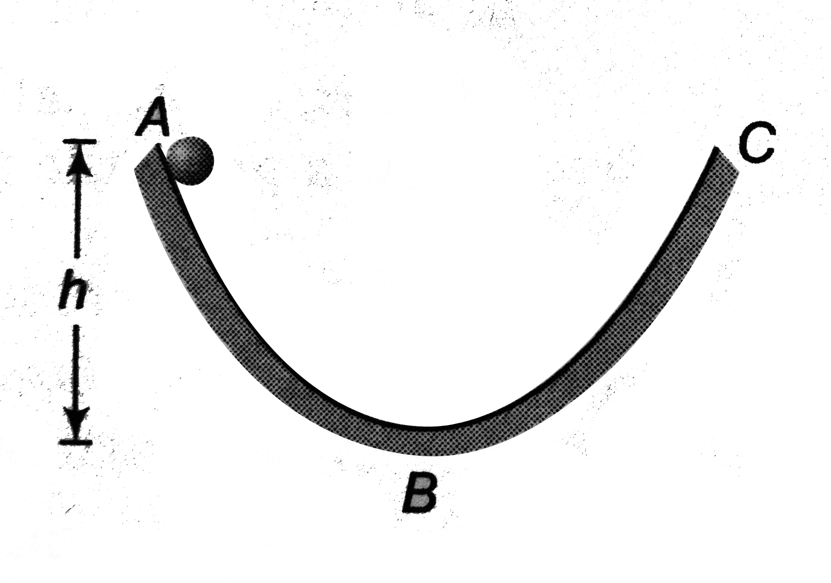 A solid ball rolls down a parabolic path ABC from a height h as shown in figure. Portion AB of the path is rough while BC is smooth. How high will the ball climb in BC?