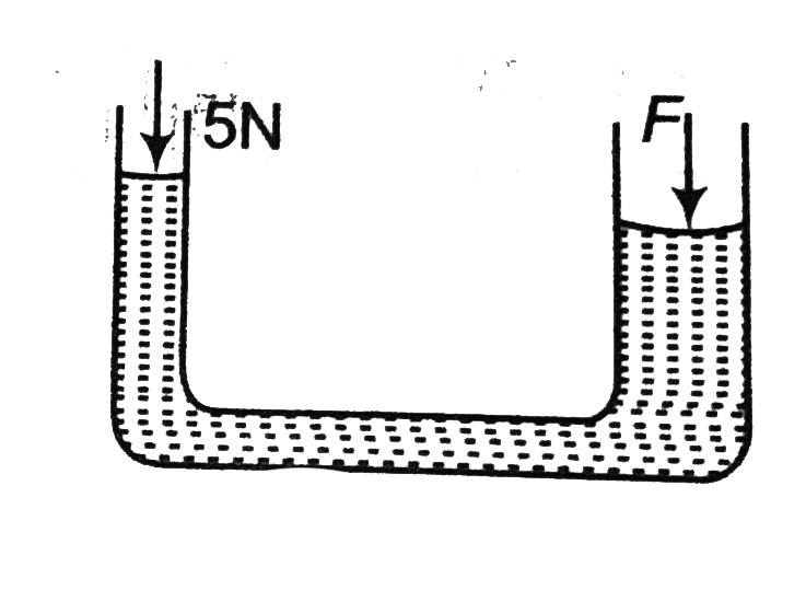 The area of cross section of the two arms of a hydraulic press are 1cm^(2) and 10cm^(2) respectively . A force of 5N is applied on the water in the thinner arm. What force should be applied on the water in the thicker arm so that the water may remain in equilibrium?   .