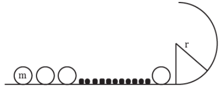 n elastic balls are placed at rest on a smooth horizontal plane which is circular at the ends with radius r as shown in the figure. The masses of the balls are m, m/2, m/2^2, …………….(m)/(2^(n-1)) respectively. What is the minimum velocity which should be imparted to the first ball of mass m such that n^th ball completes the vertical circle