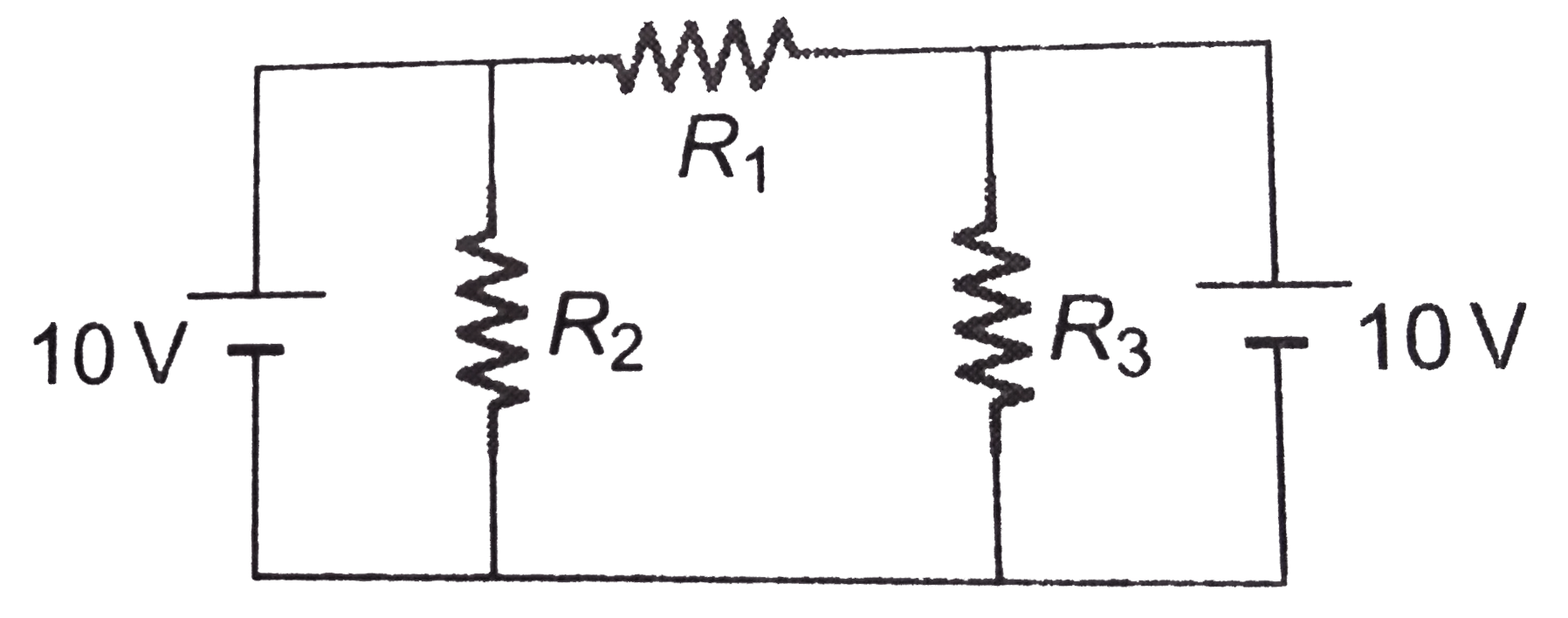 In the curcuit shown in figure R1=R2=R3=10Omega. Find the currents through R1 and R2