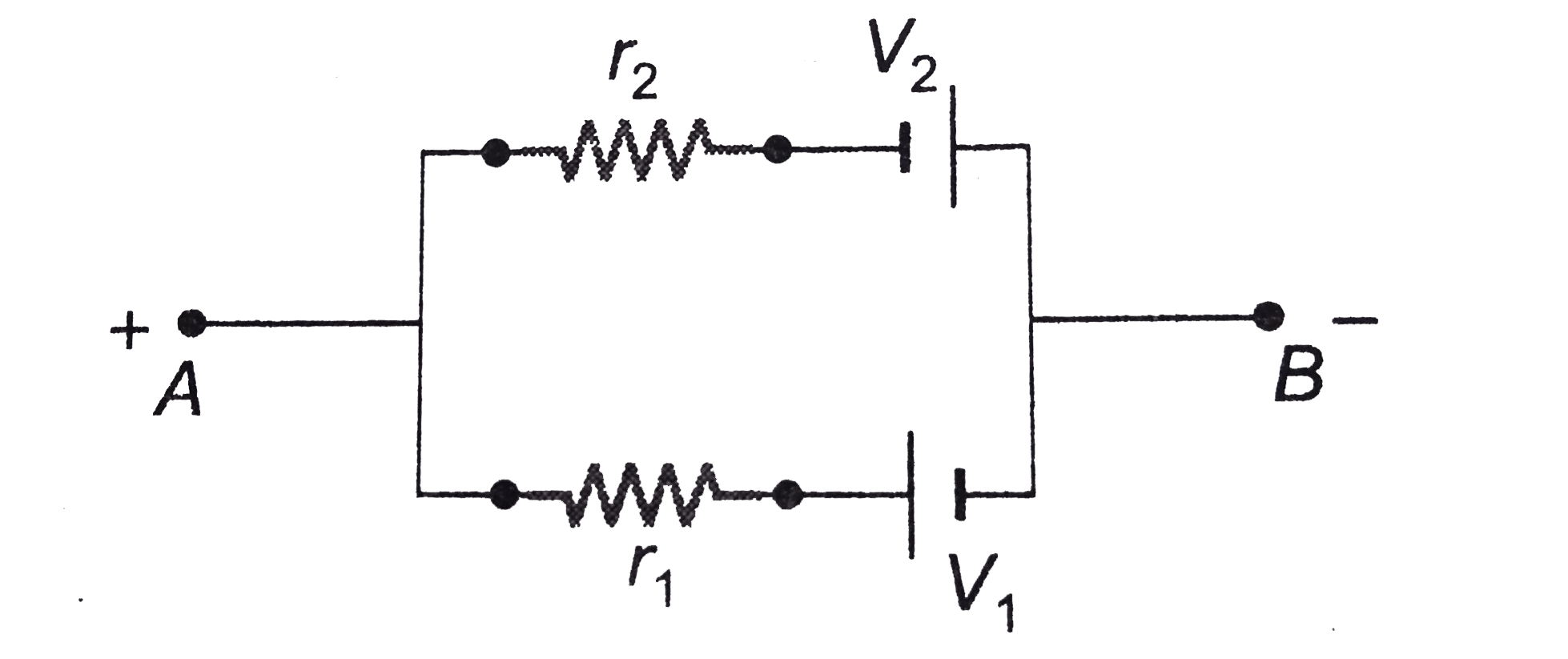 Find the emf (V) and internal resistance (R) of a single battery which is equivalent toa parallel combination of two batteries of emf V1 and V2 and internal resistances r1 and r2 respectively, with polrities as shown in figure