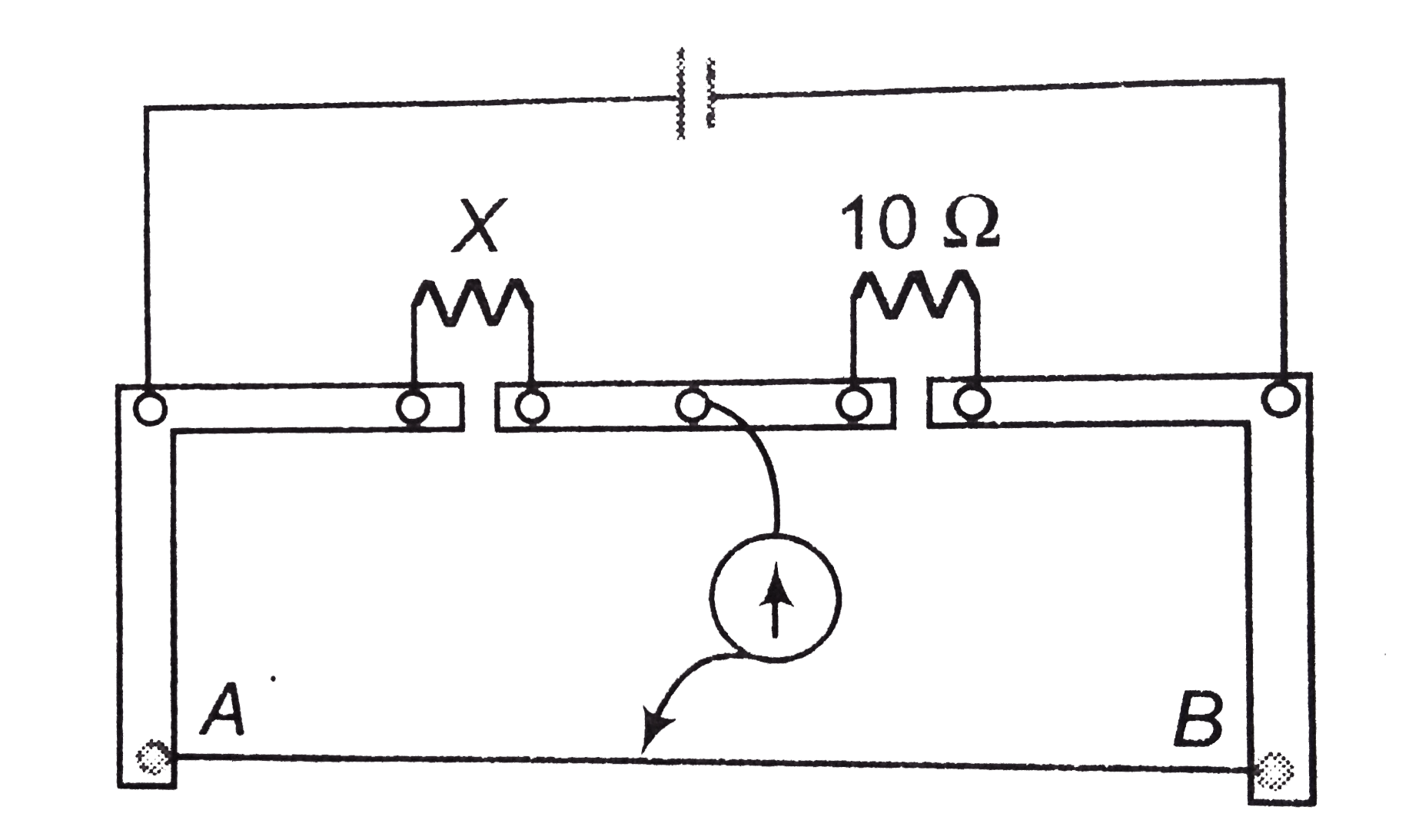 A meter bridge is setup as shown in figure, to determine an unknown resistance X using a standard 10Omega resistor. The galvanometer shows null point when tapping key is at 52 cm mark. The end correctiosnn are 1 cm and 2 cm respectively for the ends A and B. The determined value of X is