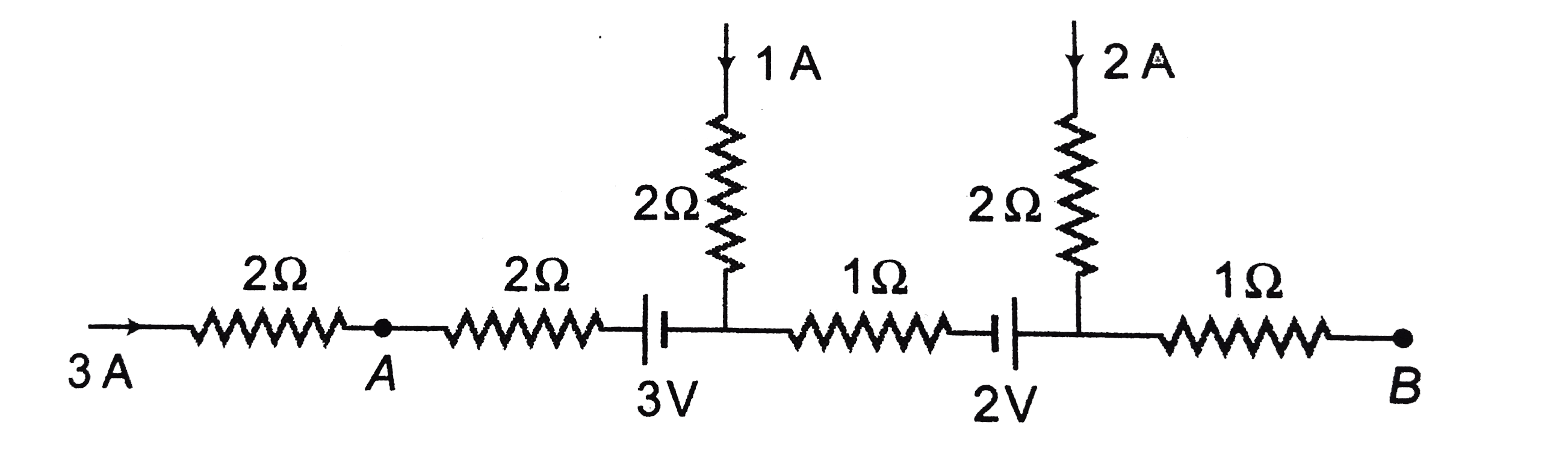 The potential difference between points A and B, in a section of a circuit shown in