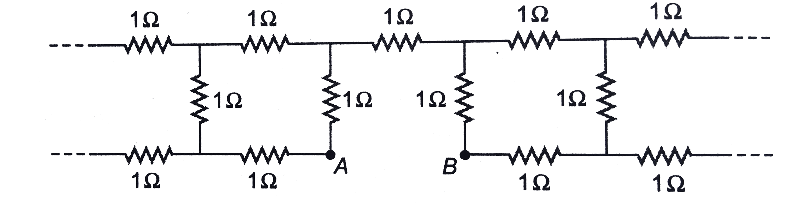 Each resistor shown in figure is an infinite network of resistance1Omega. The effective resistance Between points A and B is
