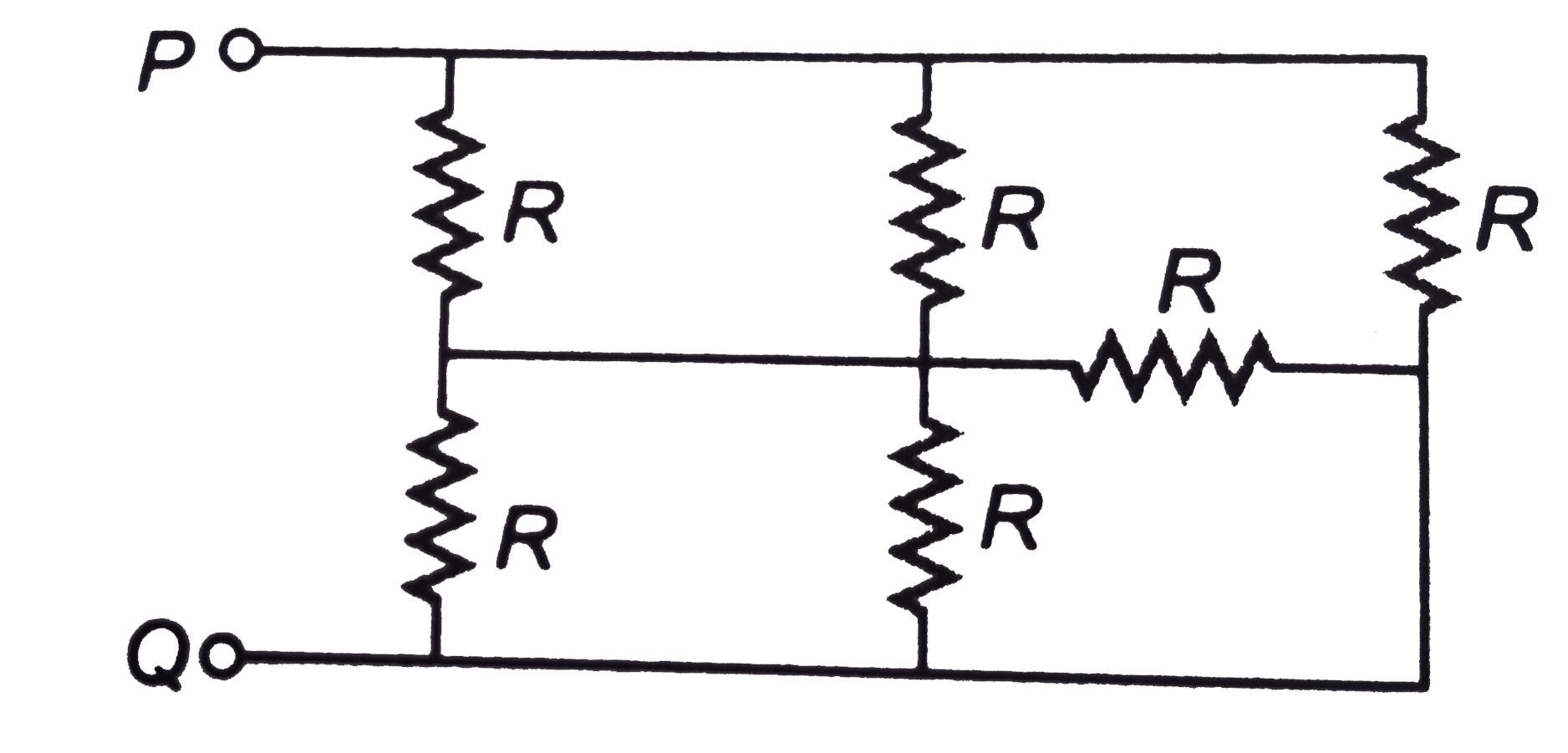 In the circuit shown in figure R=55 Omega the equivalent resistance between the point P and Q is