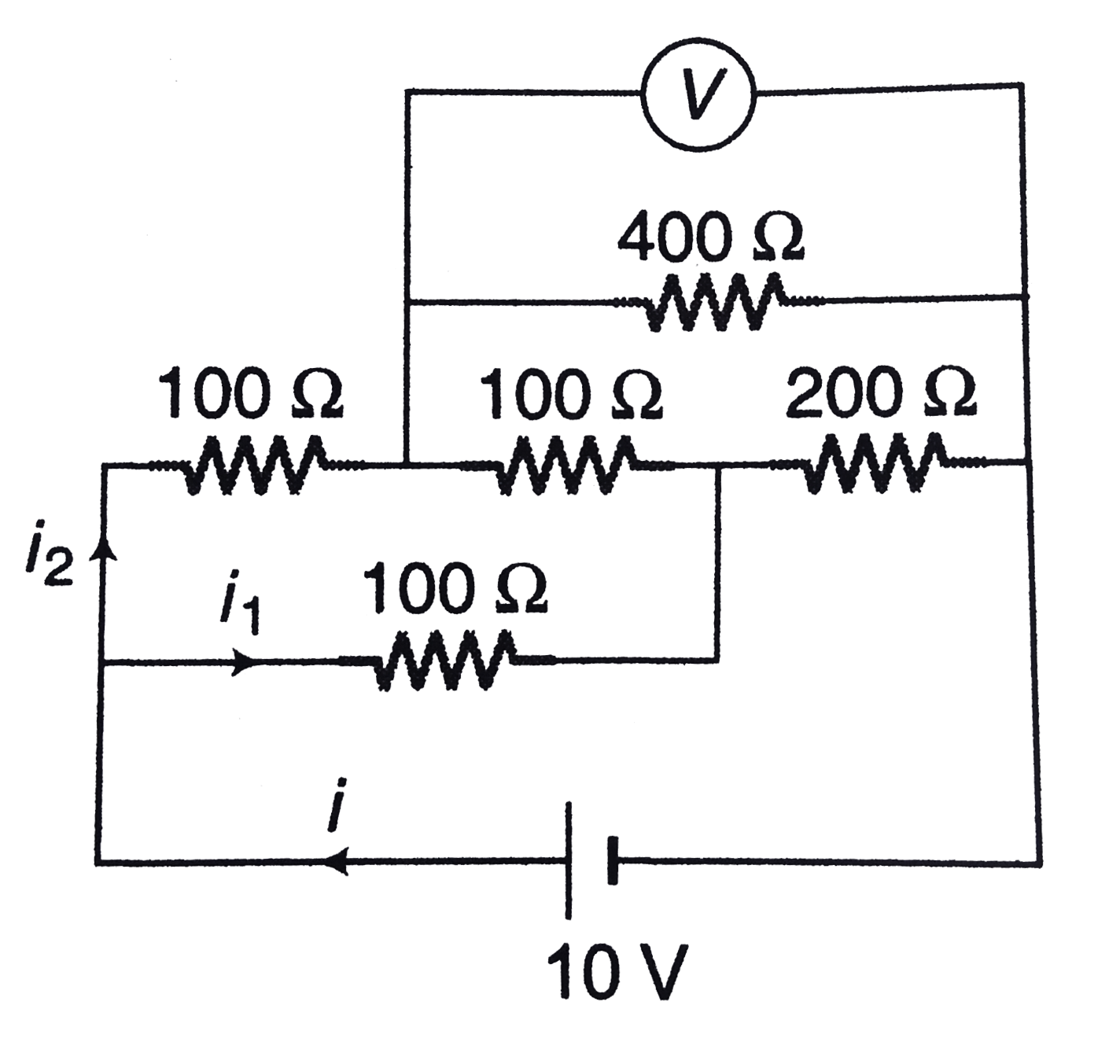 An electrical circuit is shown in figure. Calculate the potential difference across the resistor of 400 Omega as will be measured by the voltmeter Vof resistance 400 Omega either by applying Kirchhoff's rules or otherwise.